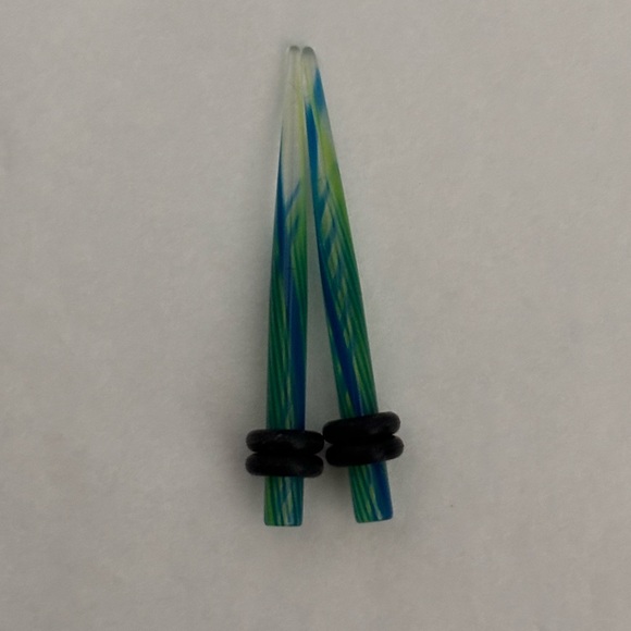 Blue and Green Acrylic Stripe Swirled Tapers size 8 Gauge - Picture 2 of 4